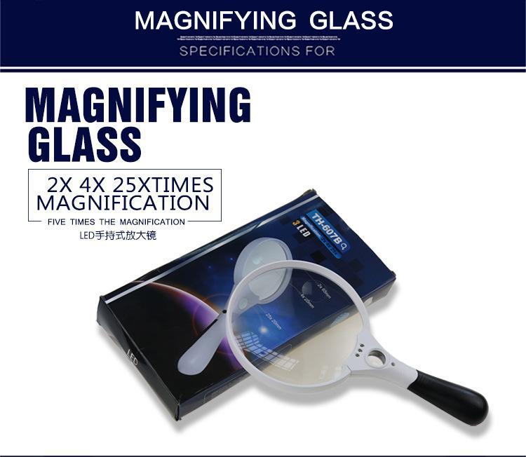 Kính lúp cầm tay loại đại magnification th-607b , zoom 2x 4x 25x , lens 137mm, có 3 đèn led