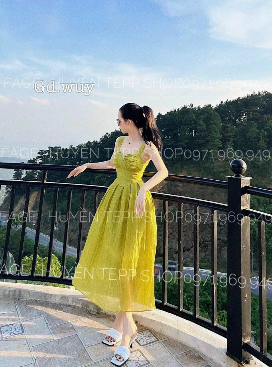 Váy đầm nữ 2 dây xoắn ngực, đầm xòe dài hai dây nơ màu xanh chuối, đầm hai dây babydoll dáng xòe, váy hai dây dể thương