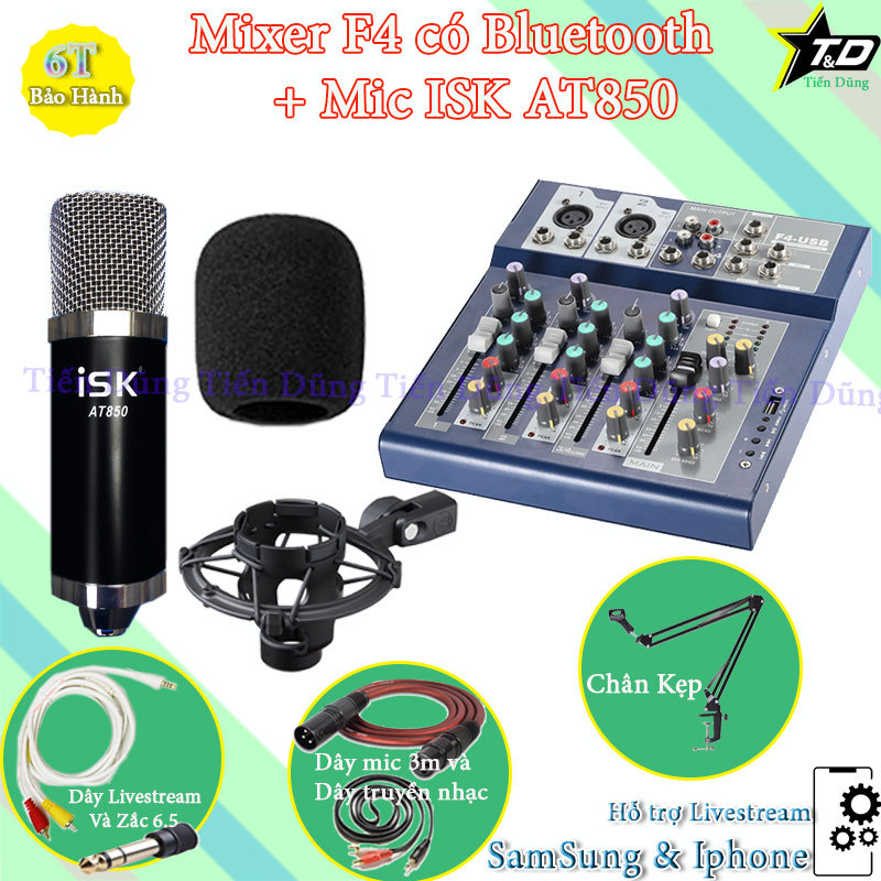 Combo mic thu âm AT850 mixer F4 hỗ trợ bluetooth chân đế dây livestream chế zắc 6.5 dây mic dài 3m