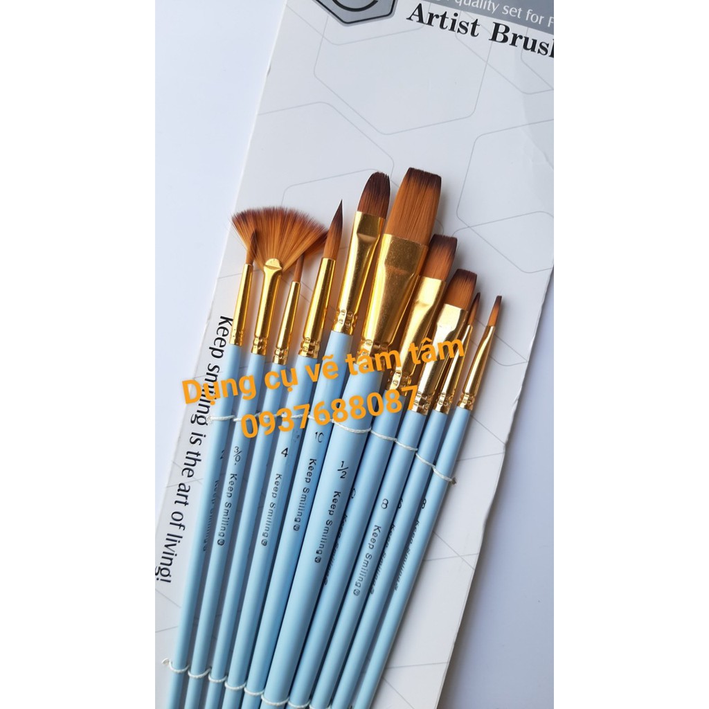 Bộ cọ nhiều đầu Keep Smiling 6303 (bộ 10 cây xanh biển có cọ quạt)-Dụng cụ vẽ Tâm Tâm
