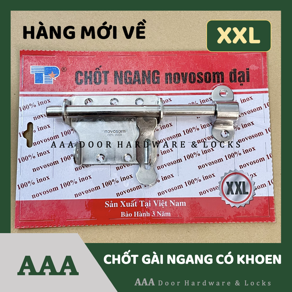 Chốt gài ngang inox XXL Novosom có khoen móc ổ khoá - Chốt gài cửa inox - Chốt ngang XXL