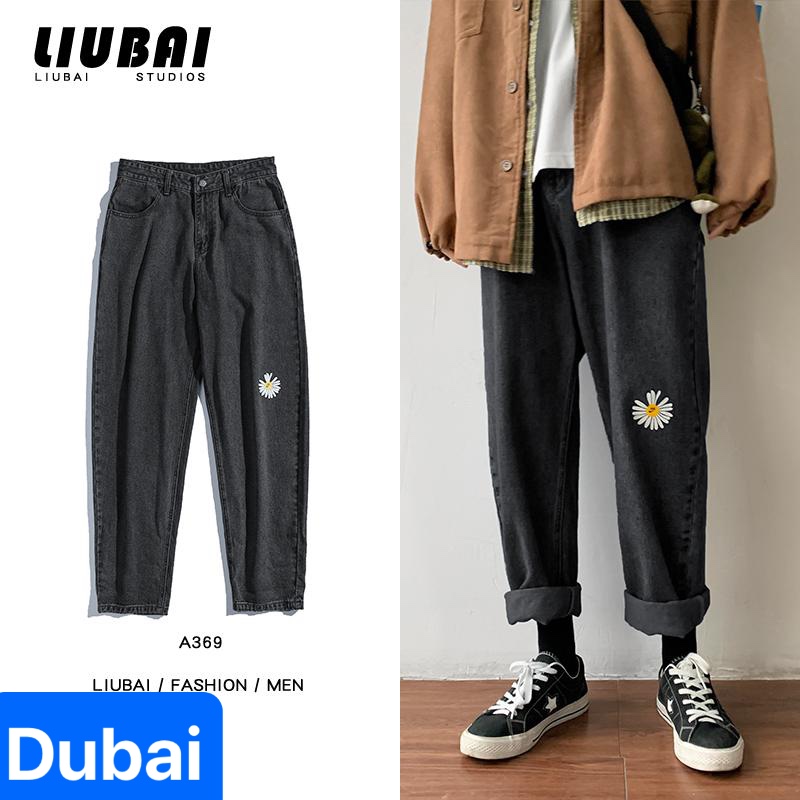 QUẦN BAGGY JEAN NAM CHẤT BÒ ĐEN ỐNG RỘNG DÀI THÊU HOA CÚC XÌ TEEN HÈ NHẬT BẢN HOT TREND DB-35 - DUBAI FASHION