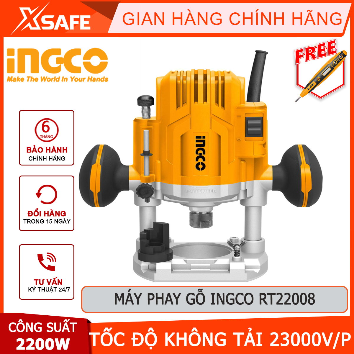 Wood milling machine ingco RT22008 | machine wood 2200W, no-load speed 9000-23000rpm, 0-60mm cutter mortise, groove cutting, hole