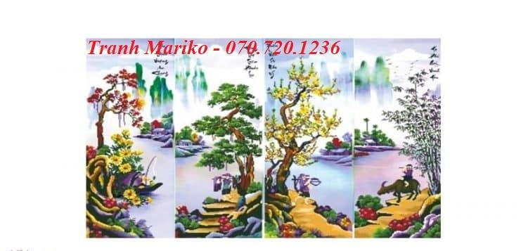 [HCM]Tranh thêu tứ quý Xuân- Hạ- Thu - Đông Phong Cảnh Làng Quê LV3072 kích thước 135*83cm