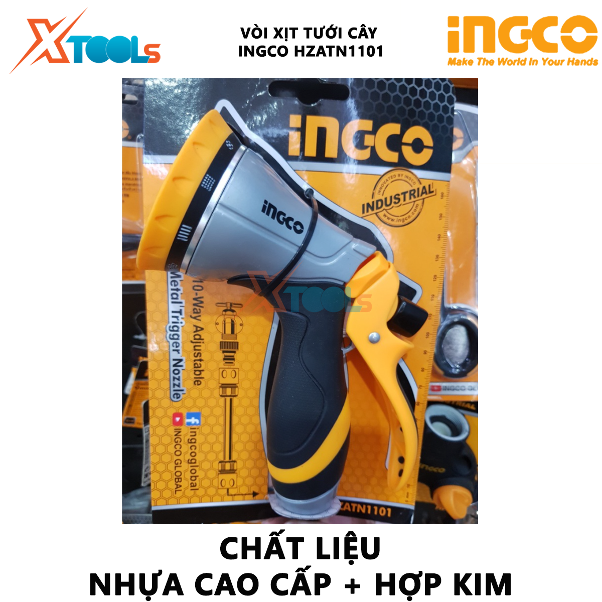 Vòi xịt tưới cây INGCO HZATN1101 | vòi xịt đa năng Đầu chuyển đổi 3/4", 10 chế độ phun, Kích thước 14x7x18,3cm, tay cầm mềm mại tưới vườn, rửa xe, tưới cây [XTOOLs][XSAFE]