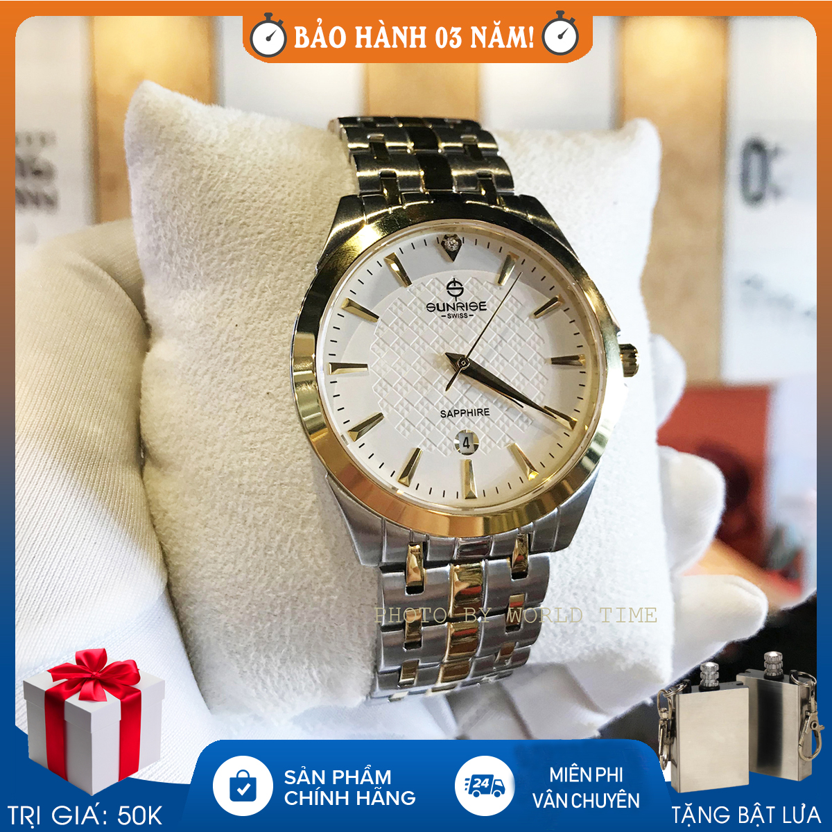 Đồng hồ Nam Sunrise DM786SWA , Full hộp , Thẻ bảo hành hãng , Kính Sapphire chống xước , chống nước , dây thép 316L