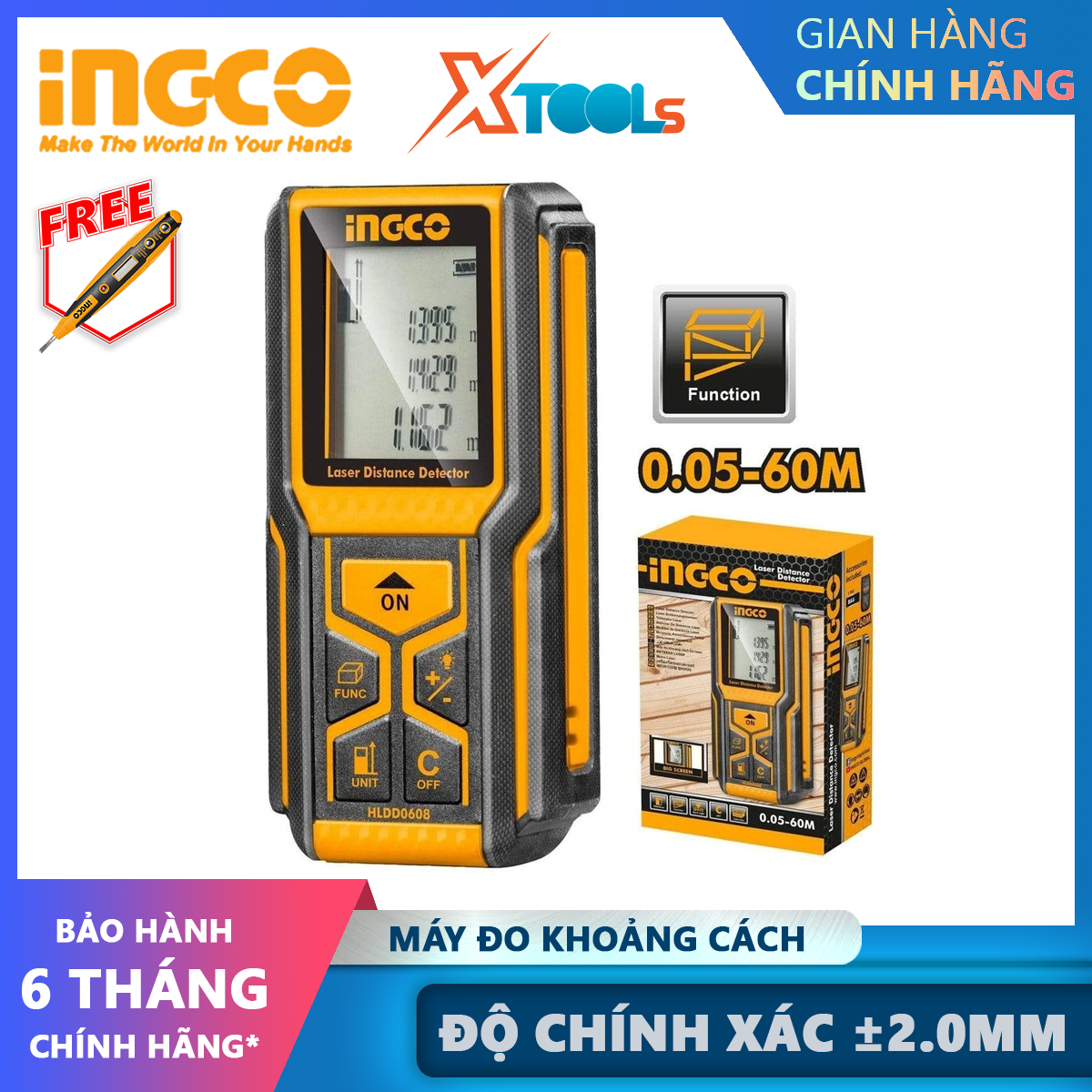Ingco hldd0608 60m laser distance meter 0,05-60m measurement range, distance, area, weight, height xtools