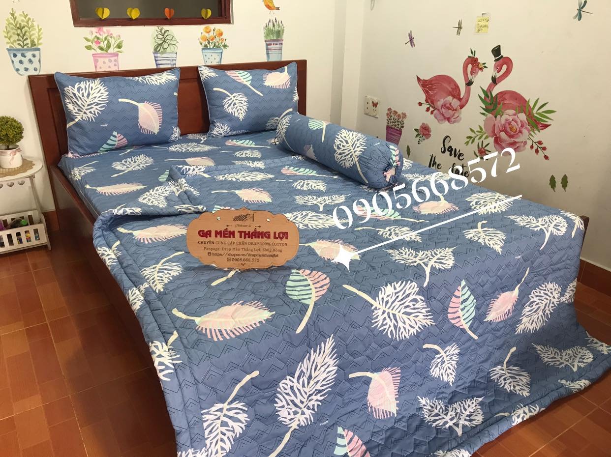 Bộ ga gối 4 món  coton  chuẩn logo in trên vải dày mềm mát sang trọng