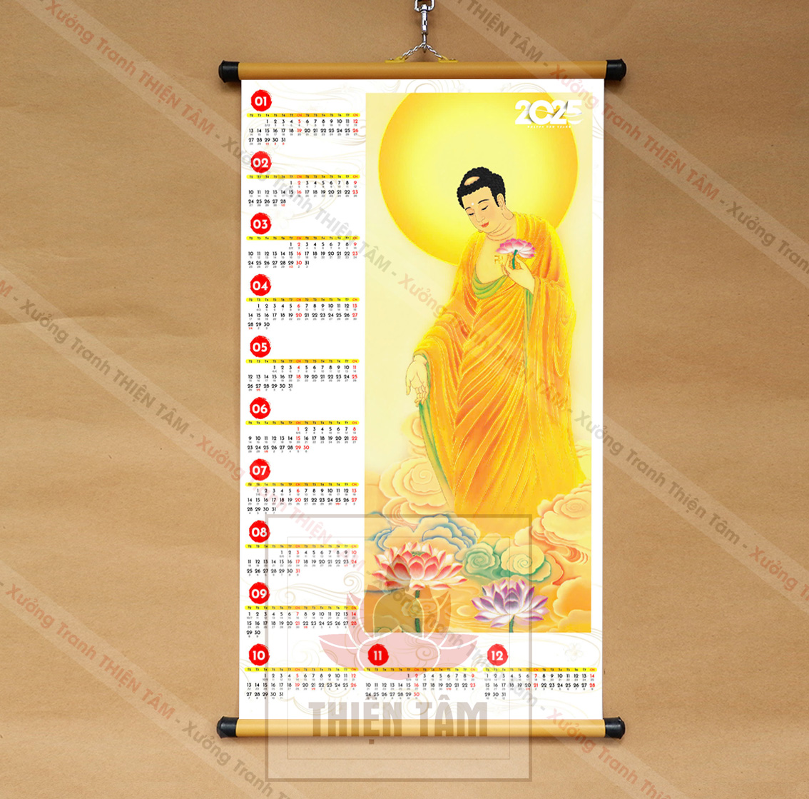 Lịch Phật Giáo 2025 kích thước 40x70cm bằng vải bóng cao cấp, dày dặn (có ngày âm lịch)
