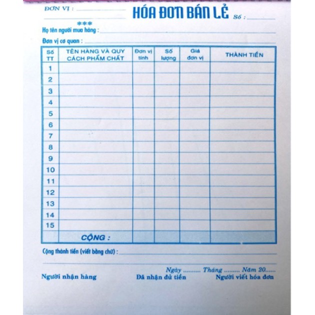 [Hóa đơn bán lẻ] Hóa đơn 1 liên 16x20cm (100 tờ) - 15 dòng