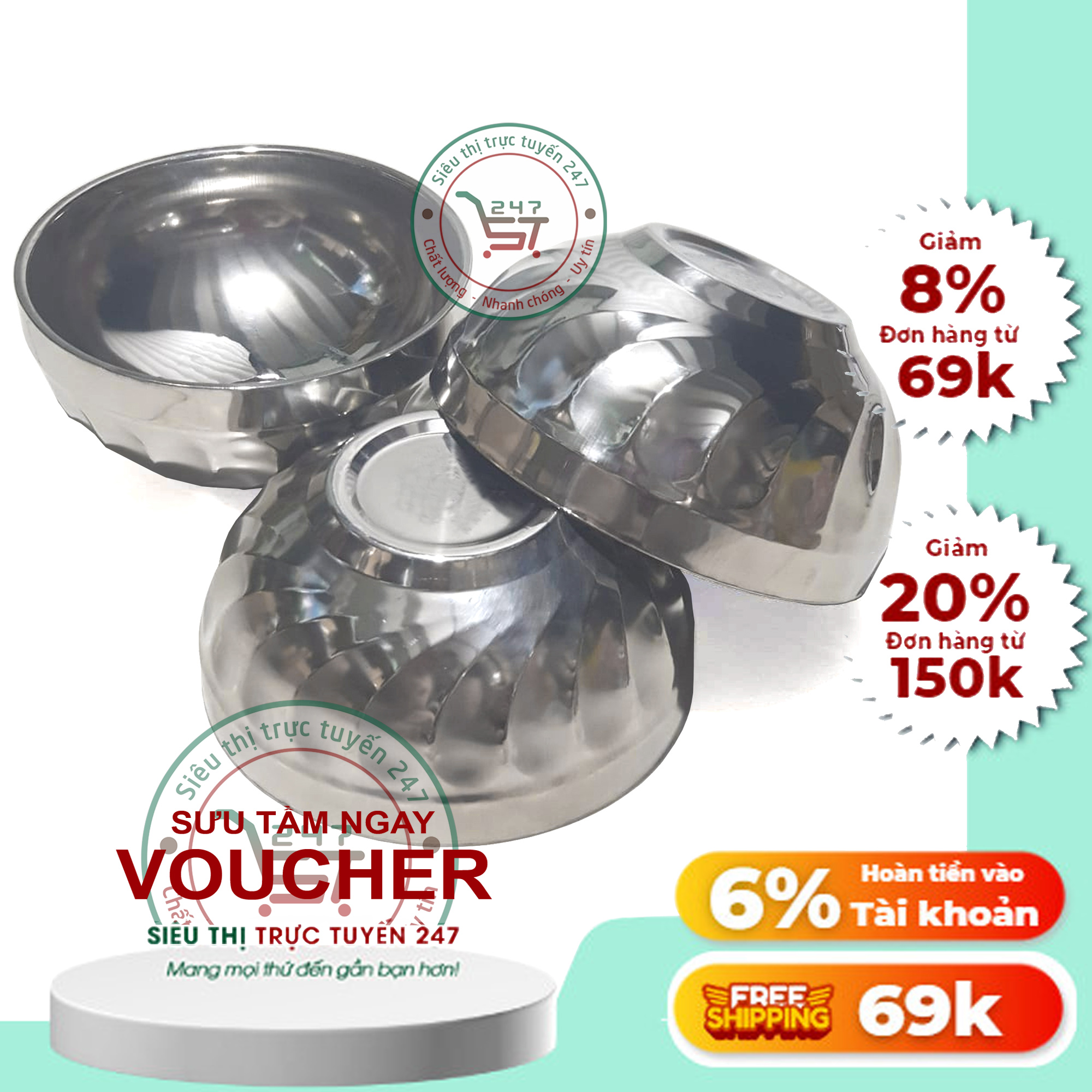Tô chén bát ăn cơm nấu mì inox 2 lớp giữ nhiệt nhiều khích thước