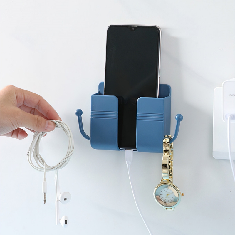 Giá Đỡ Dán Tường Để Sạc Điện Thoại, Remote, Ổ Cắm/ Kệ Đựng Kèm 2 Móc Treo Đồ-HAUSE
