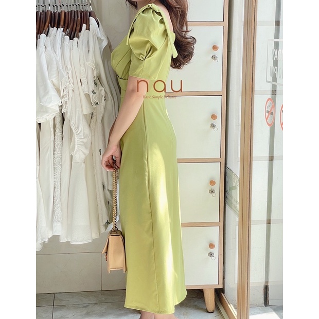 Đầm midi Xanh - Trắng chéo eo nơ vai