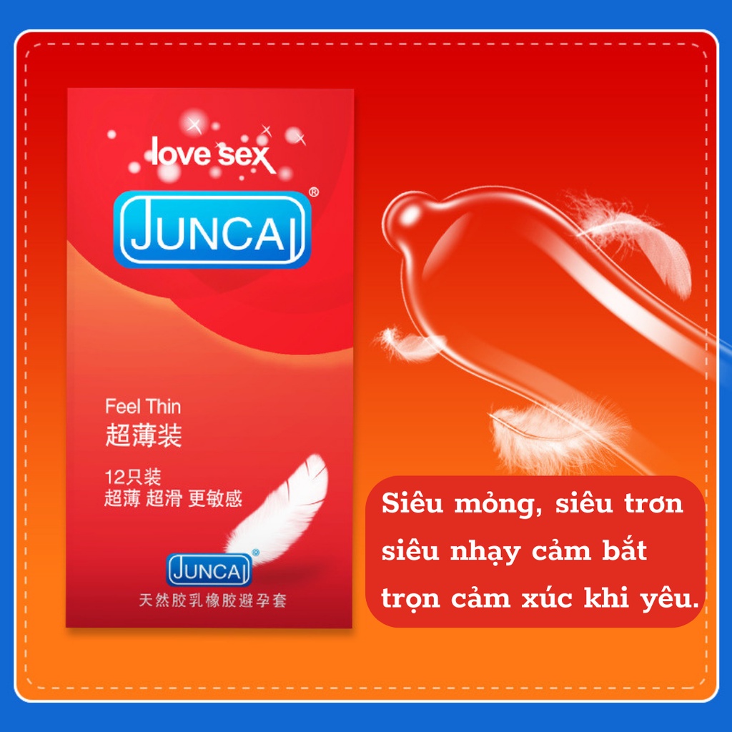 Bao Cao Su Juncai Feel Thin Siêu Mỏng, Nhiều Gel Bôi Trơn ( Hộp 12 Chiếc)