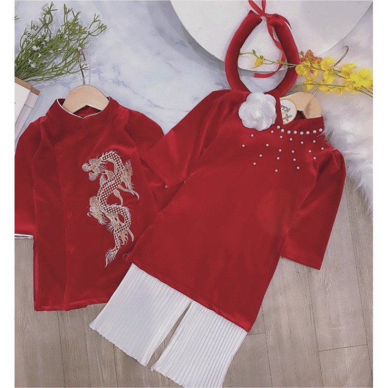 Áo Dài Nhung Đỏ Rồng Thêu