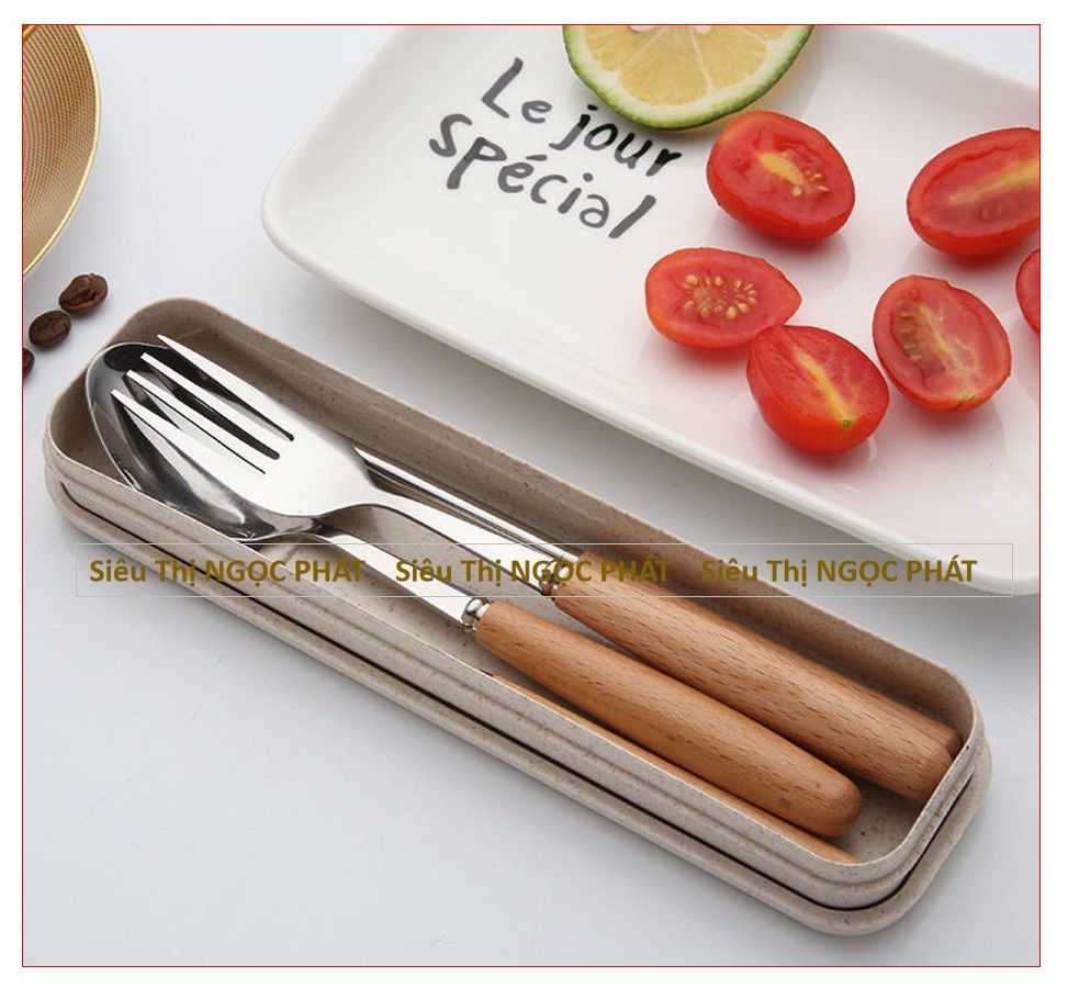Bộ Đũa, Thìa, Nĩa_Cán Gỗ_Kèm Hộp Đựng Lúa Mạch