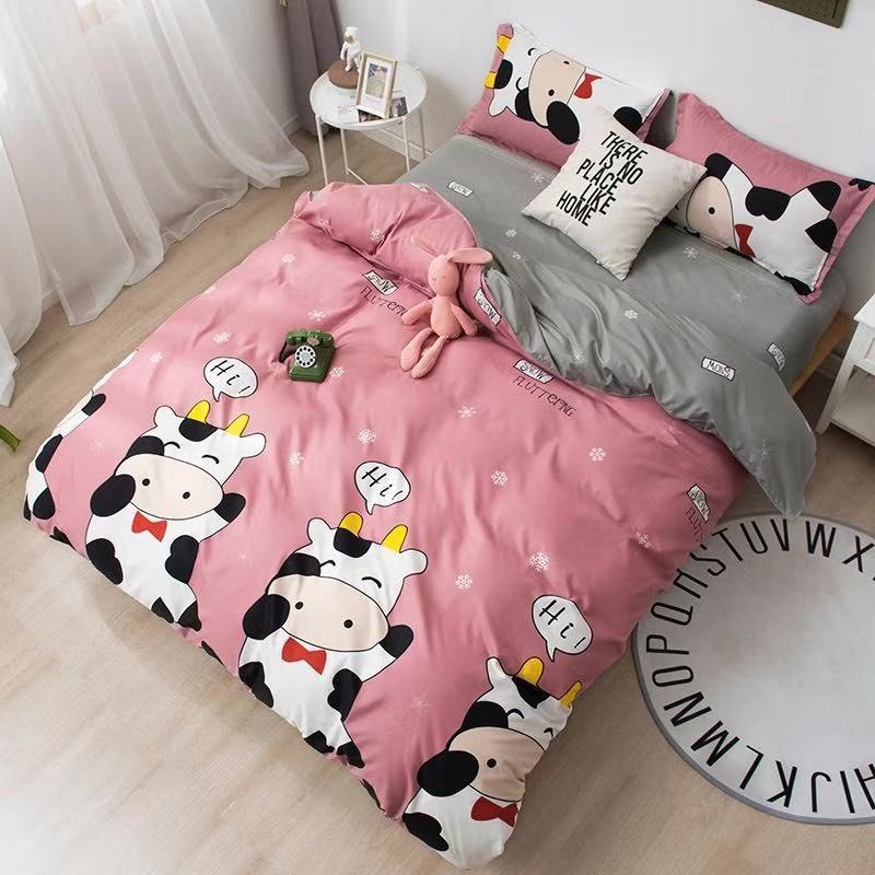 Bộ Chăn Ga Gối Poly Nhập 4 món[1m6x2m và 1m8x2m], mẫu bò sữa trắng