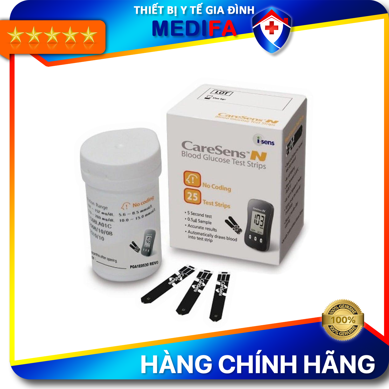 Que thử đường huyết Caresens N Hộp 25 Que - Hàng chính hãng Hàn Quốc