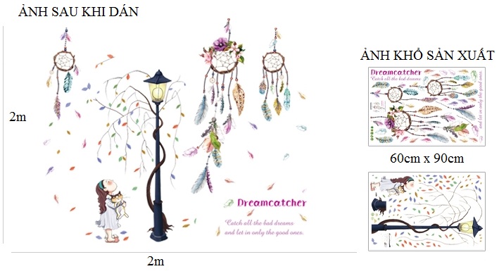 Decal dán tường Cột đèn cỏ hoa và vòng bắt giấc mơ