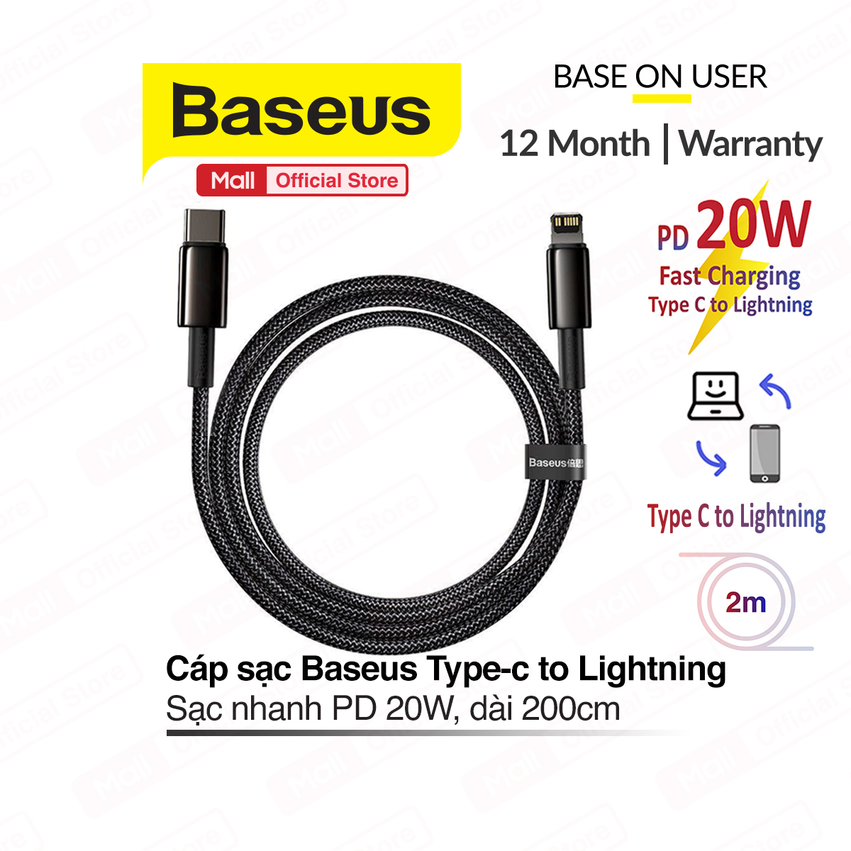 Cáp sạc Baseus Type-c to Lightning hỗ trợ sạc nhanh PD 20W dành cho iPhone/iPad dài 100cm/200cm