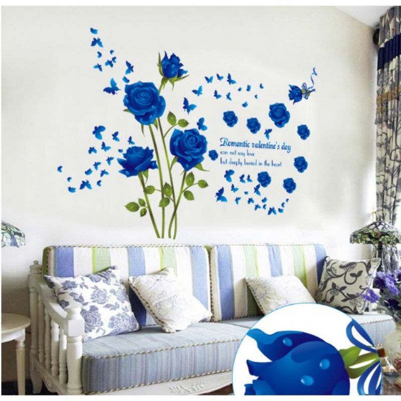 Decal dán tường hoa hồng xanh