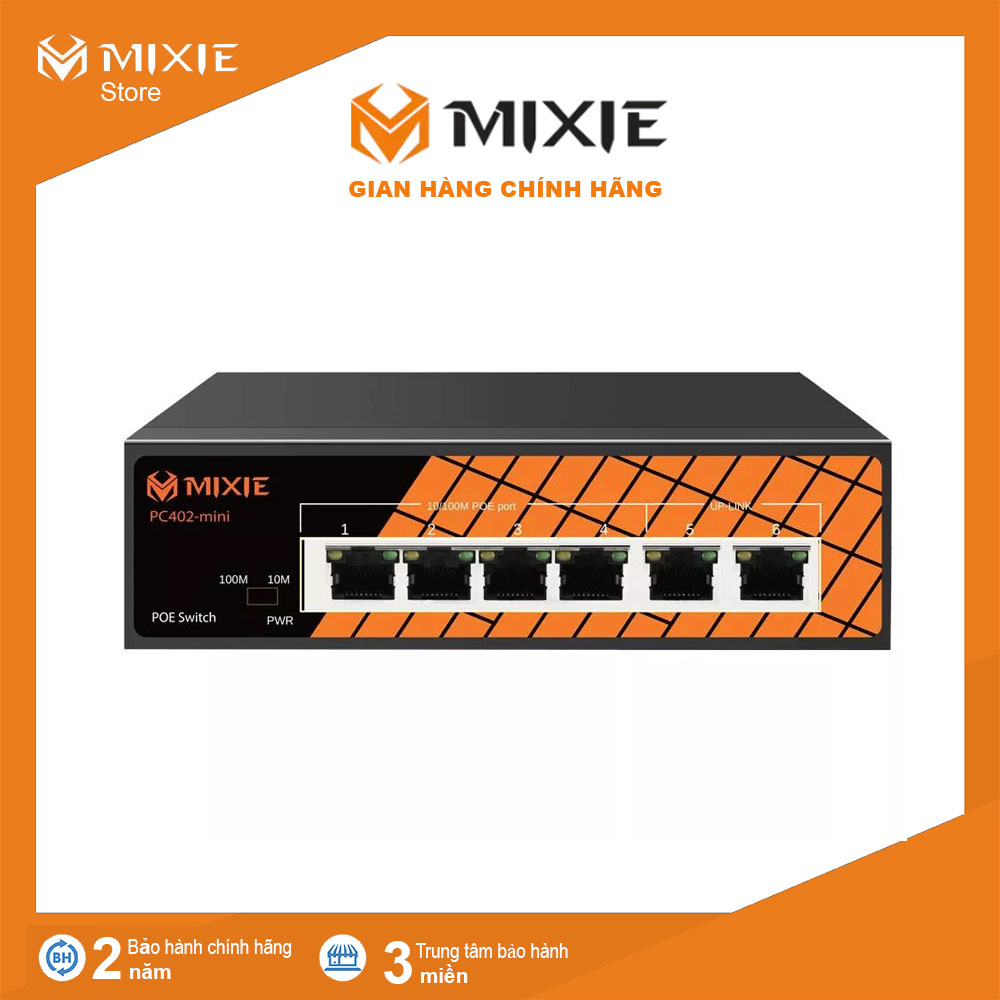 Switch Poe Camera MIXE PC402-Mini gồm 4 cổng POE RJ45 10/100M và 2 cổng UPlink tốc độ 10/100m