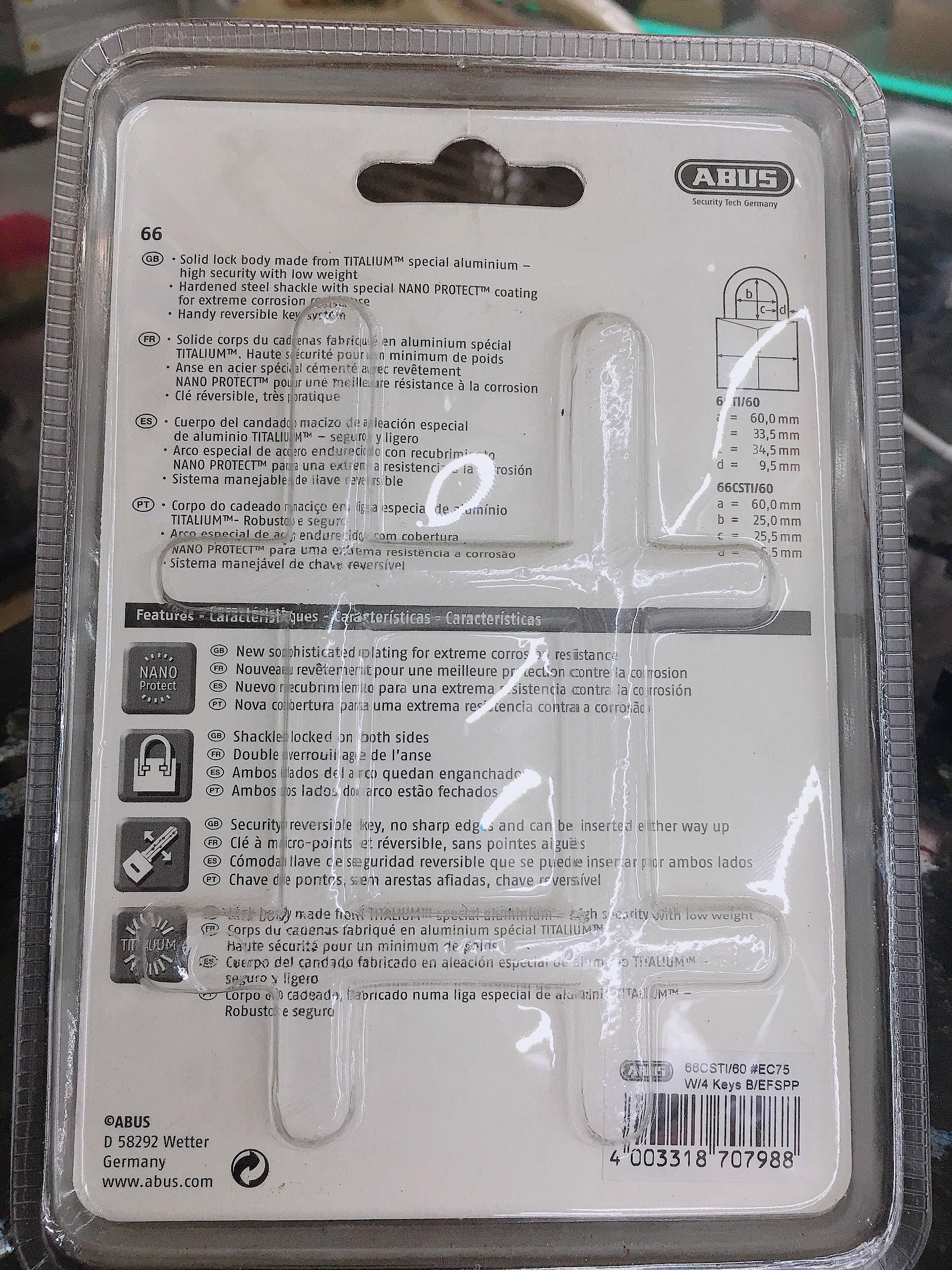 Ổ Khóa ABUS Titalium Chống Cắt 66CSTi/60