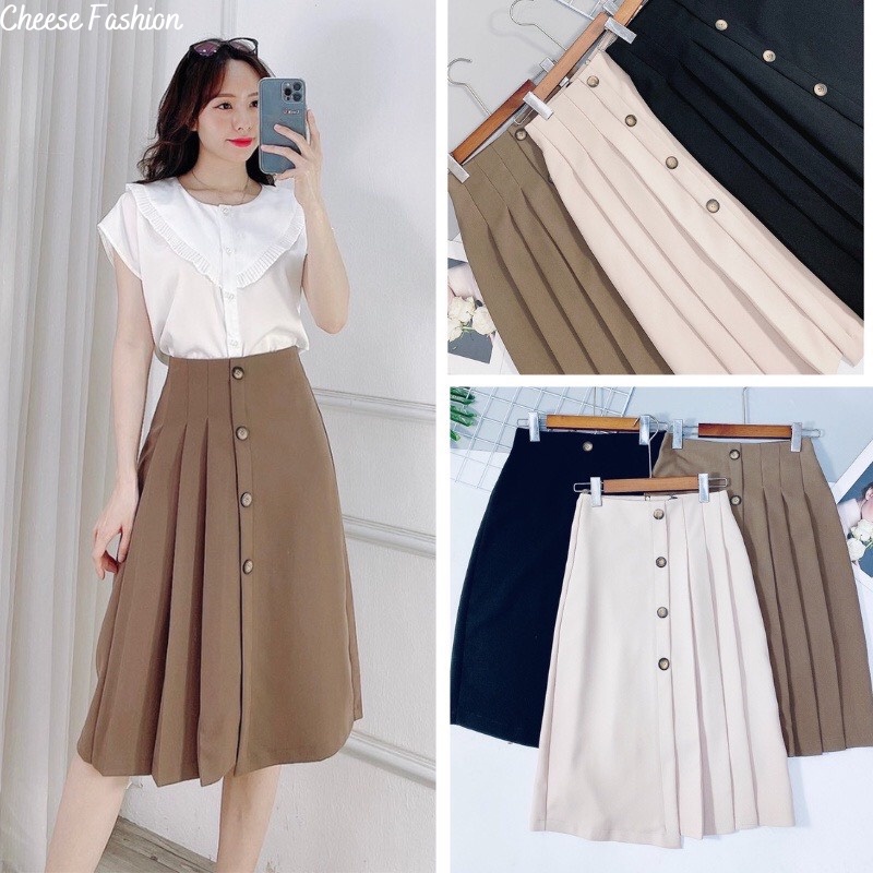 Chân váy xếp ly dáng dài 4 khuy siêu hot