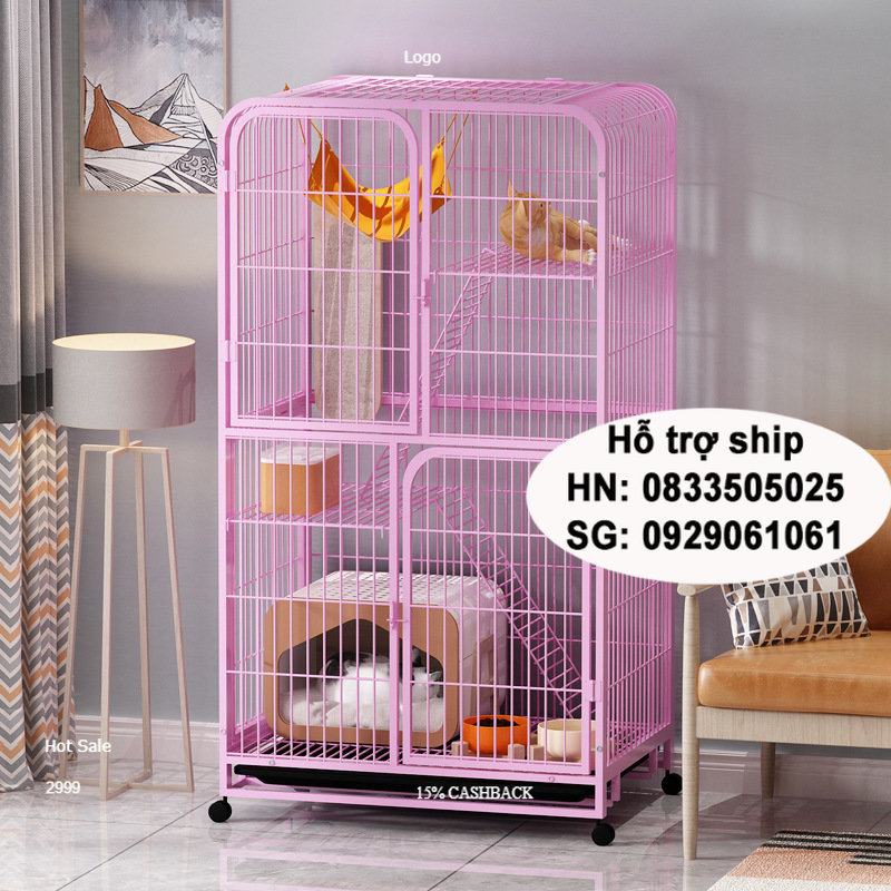 Doremiu- Lồng mèo nan ống 3 tầng Size L cao 1m3  Biệt thự cho mèo ở có bánh xe
