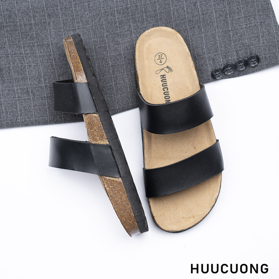 Dép đế trấu unisex 2 quai da pu đen