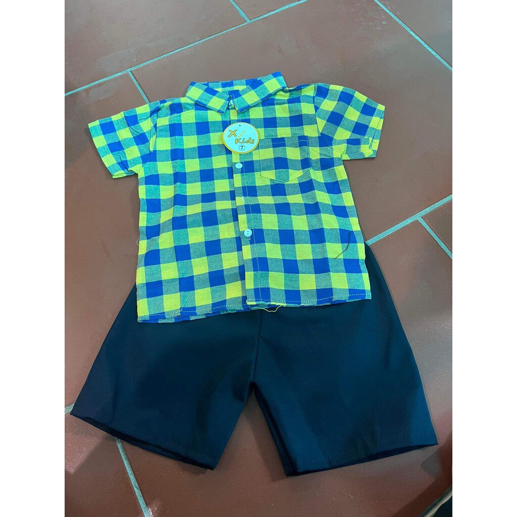 Sét bộ áo sơ mi trắng / sọc caro và quần đũi cho bé trai/ gái 7-18kg