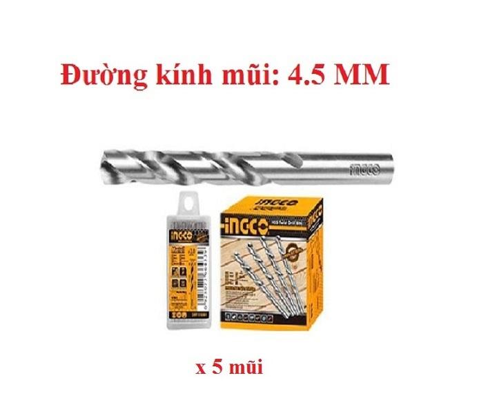 Combo 5 mũi mũi khoan kim loại m2 hss dbt1110451 4.5mm hiệu ingco