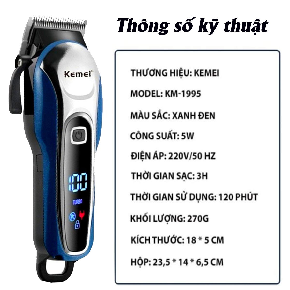 Tông đơ cắt tóc không dây chuyên nghiệp Kemei 1995 Tăng Đơ Hớt Tóc, Máy Cắt Tóc Chuyên Nghiệp Gia Đình,Trẻ Em, màn LCD, chống rung, chống ồn