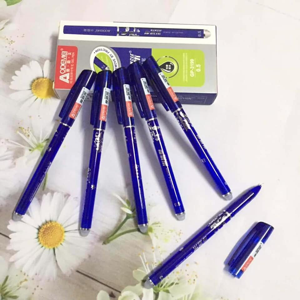 01 hộp 12 cây bút bi xóa được mực xanh aodemei.