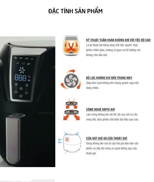 [Trả góp 0%]Nồi Chiên Không Dầu Điện Tử Lock &Lock EJF361BLK (3.2L)