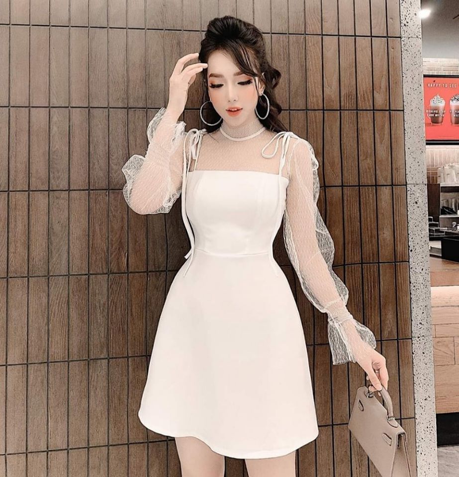 Đầm Dự Tiệc Trắng Phối Tay Lưới