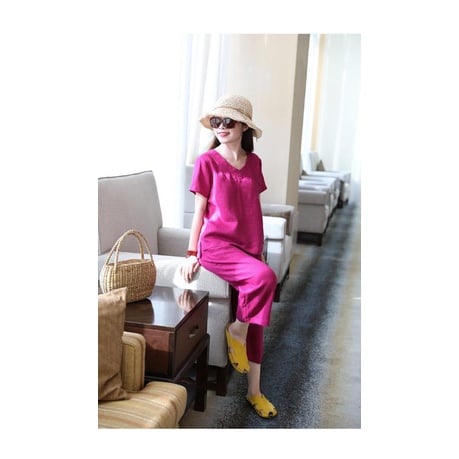 Bộ đồ linen áo sen cổ tim tay ngắn + quần xanh ống suông rộng