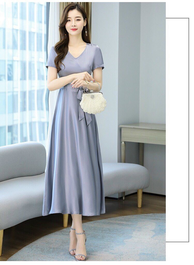 [HCM]ĐẦM XÒE CỔ V THẮT EO, ĐẦM PHI CỔ V KÈM DÂY THẮT EO TAY NGẮN