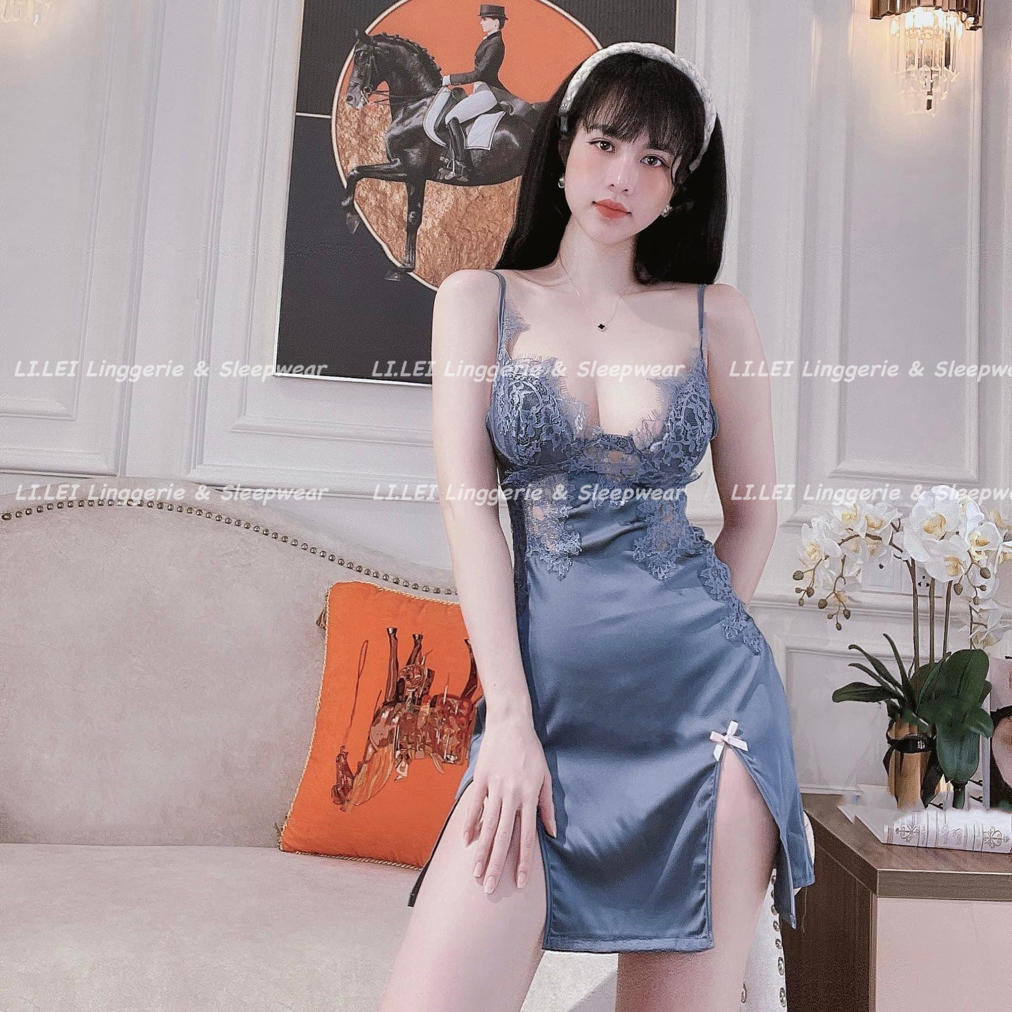 Váy ngủ sexy ren ngực, đầm ngủ lụa gợi cảm xẻ đùi kèm mút ngực quảng châu ht80