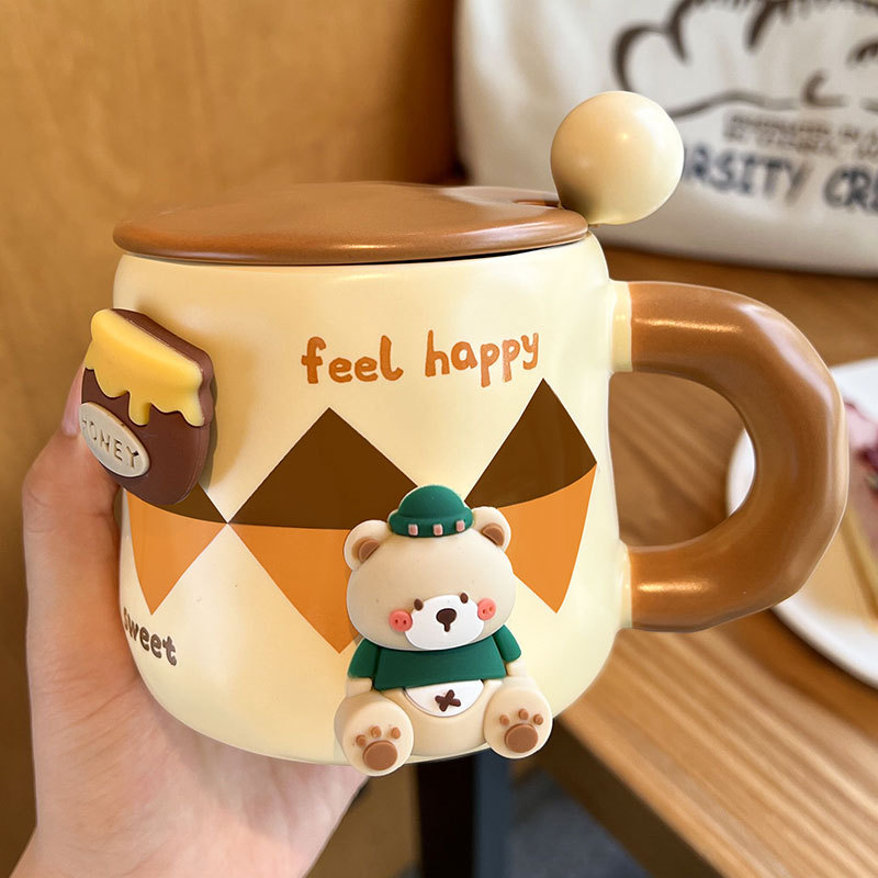 Cốc có nắp thìa cặp đôi cốc cà phê cốc gấu dễ thương cốc sứ