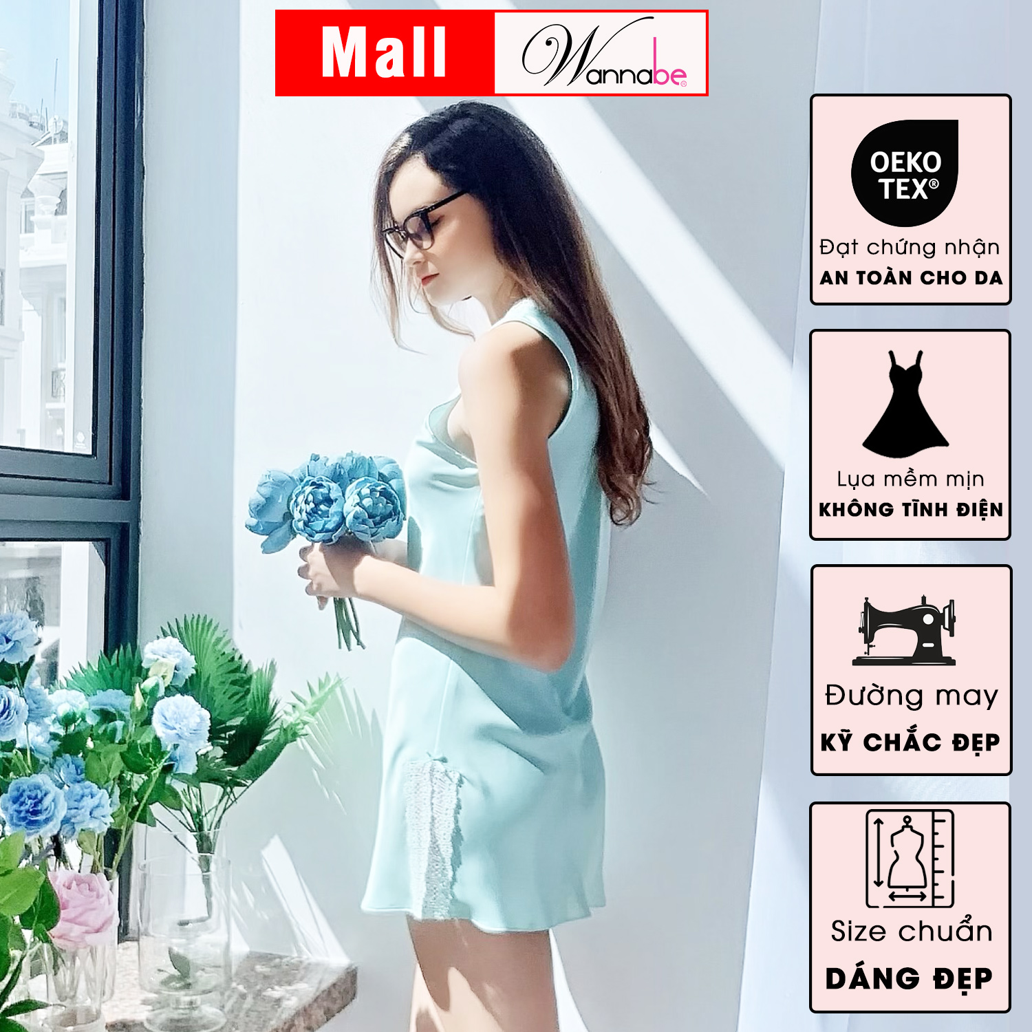 Đầm ngủ phi lụa wannabe dns11 cổ tim phối ren nữ tính nhẹ nhàng