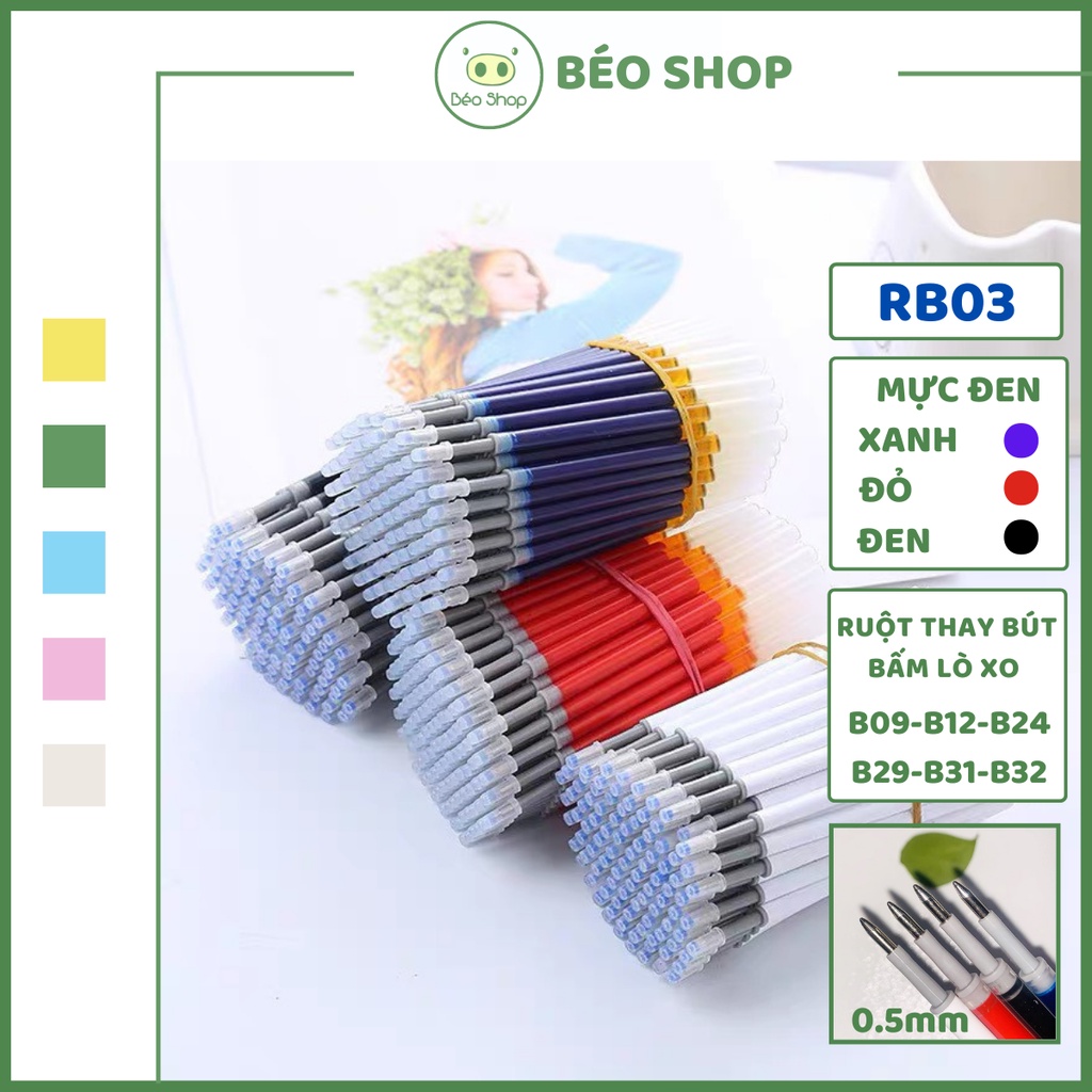 Ruột bút mực gel màu đen xanh đỏ Béo shop RB03 ngòi viết bi thay thế cho bút gel bấm B09 B10 B12 B24