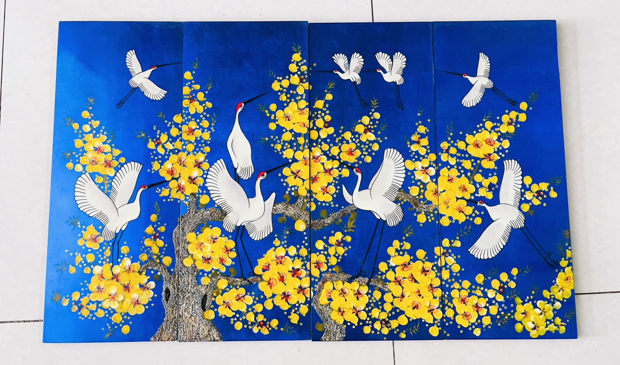 Tranh hoa đào và đàn Hạc tiên( 4 tấm)