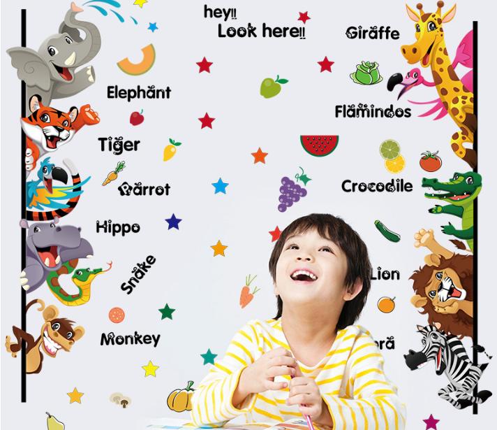 Decal trang trí tường Thú Tiếng Anh kẻ dài