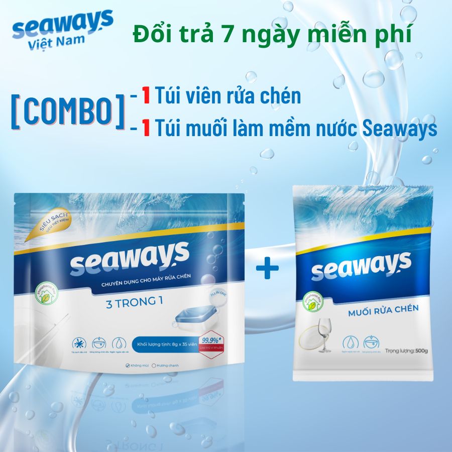 Combo dùng 1 tháng- 1 túi viên rửa chén Seaways túi 35 viên + 1 túi muối