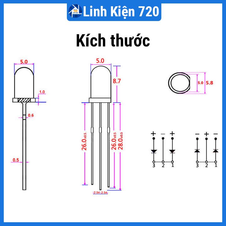 Gói 100 con led đục 5mm 2 chân đơn nhiều màu