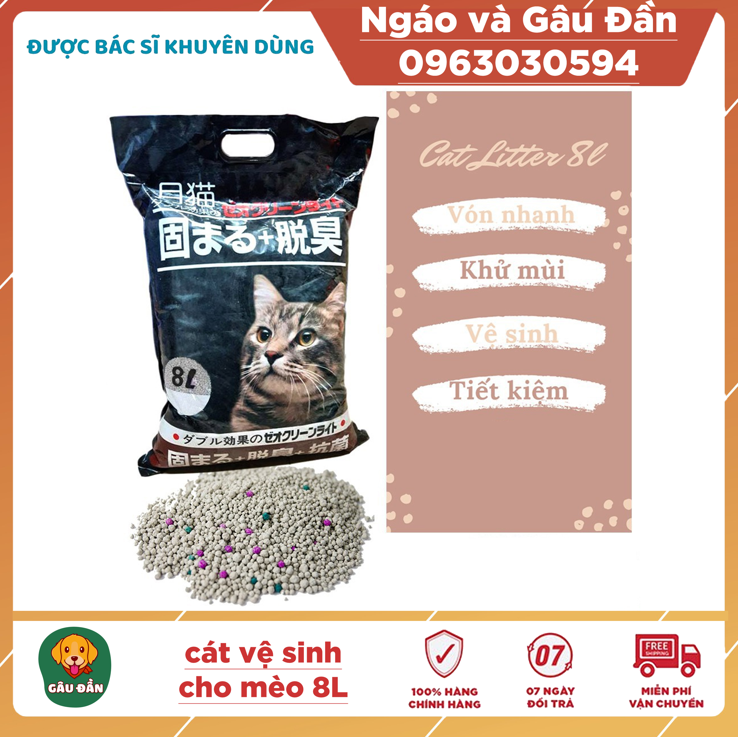 Cát Nhật vệ sinh cho mèo 9L, thấm hút vón cục tốt, khử mùi hôi.