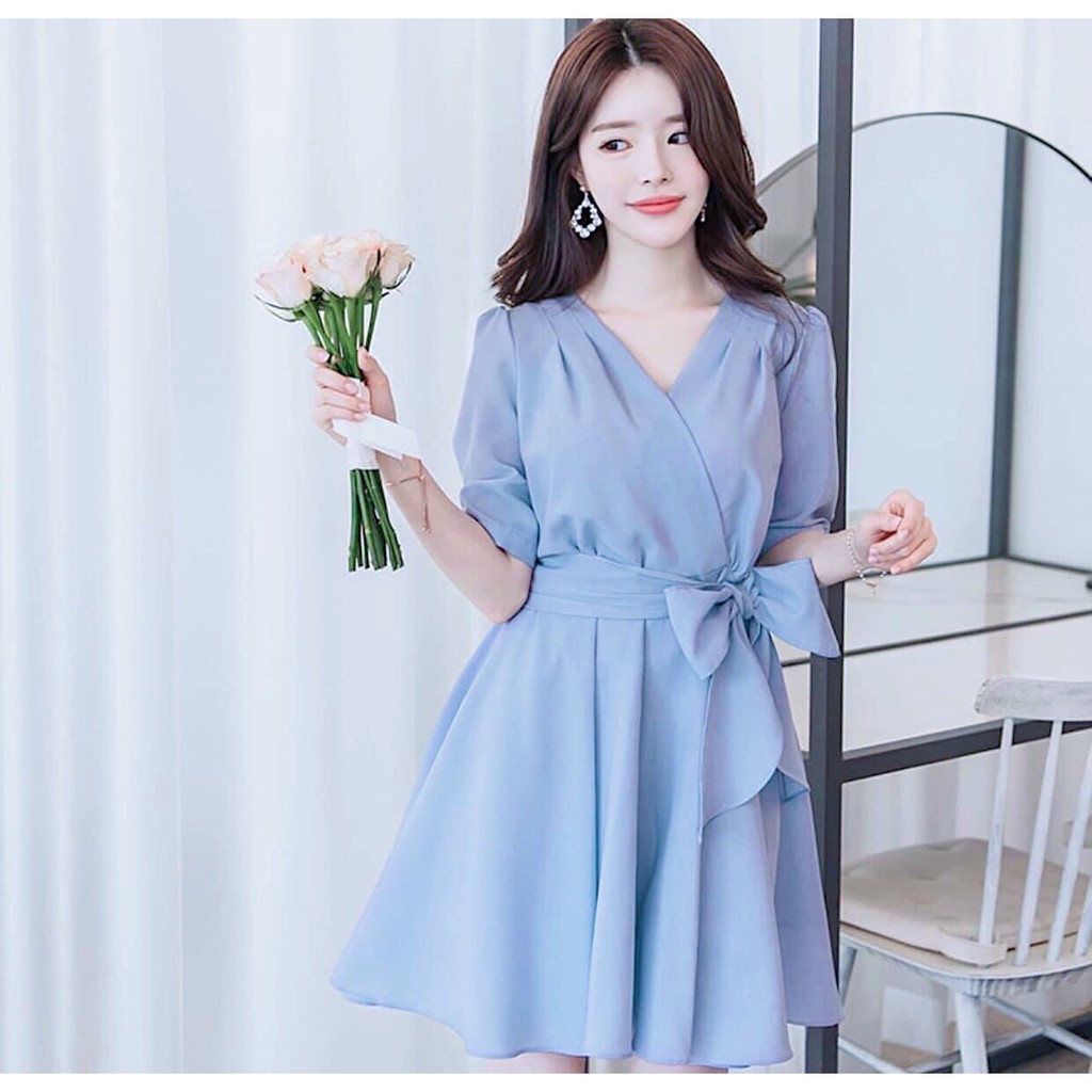 Đầm Xòe Xanh Đắp Chéo Buộc Eo - DX023