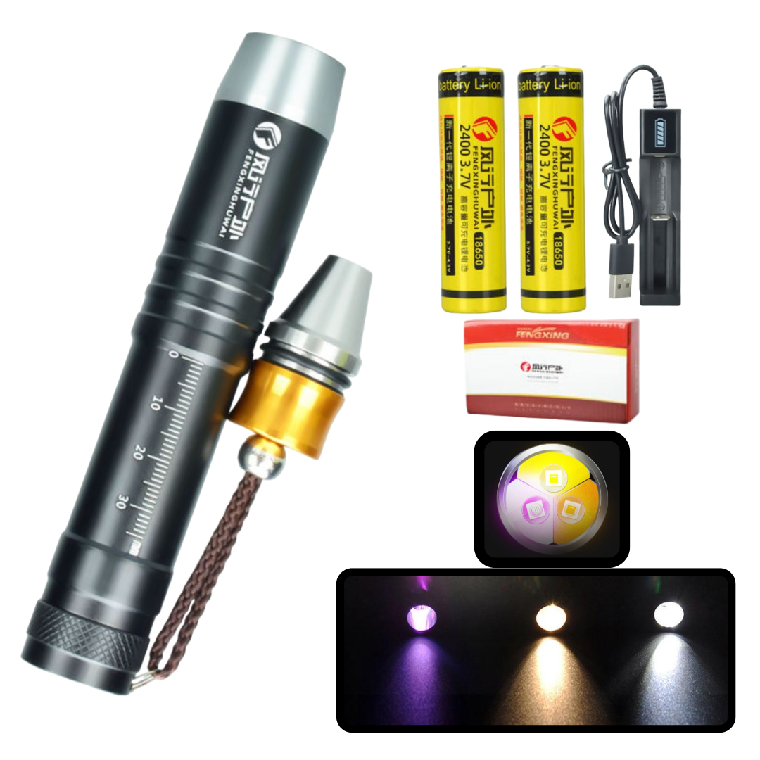 Đèn soi đá quý 3 chế độ sáng ,anh sáng vàng ,tím ,trắng có đầu thu nhỏ tặng kèm pin sạc