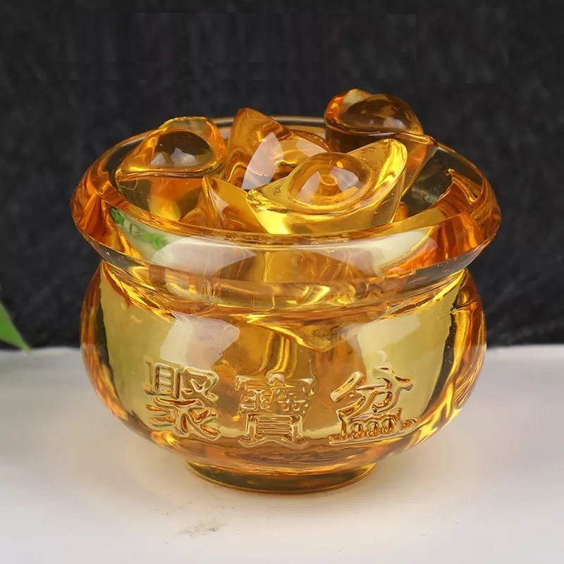 Bộ hũ vàng - bát tụ bảo lưu ly tí hon 5cm và 12 thỏi vàng chiêu lộc tụ tài